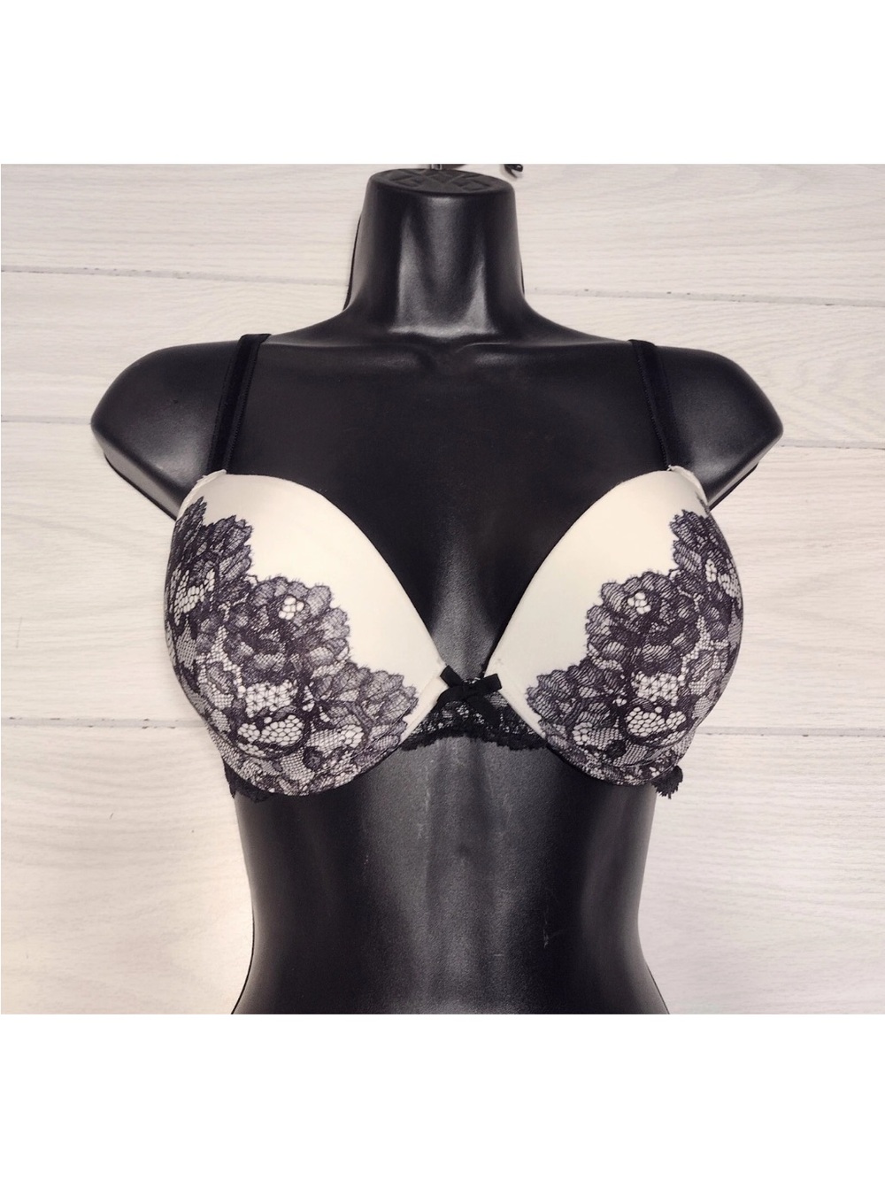 Victoria's Secret Black Lace Overlay on Cream Push-Up Bra
